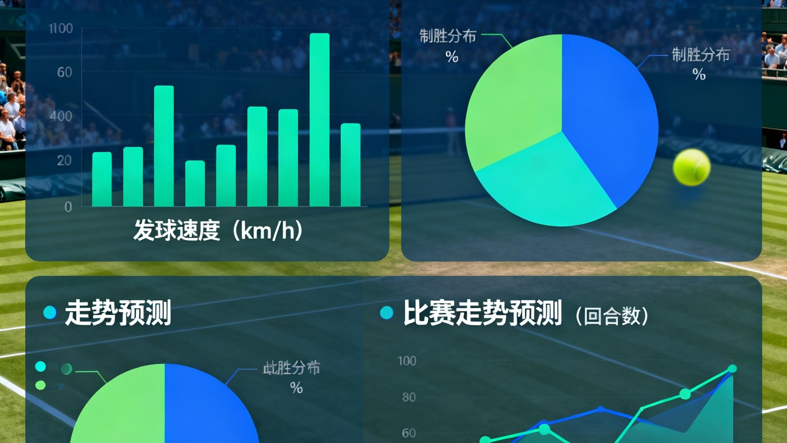 网球四大满贯赛事数据追踪页面，显示选手发球速度、制胜分分布和比赛走势预测图表