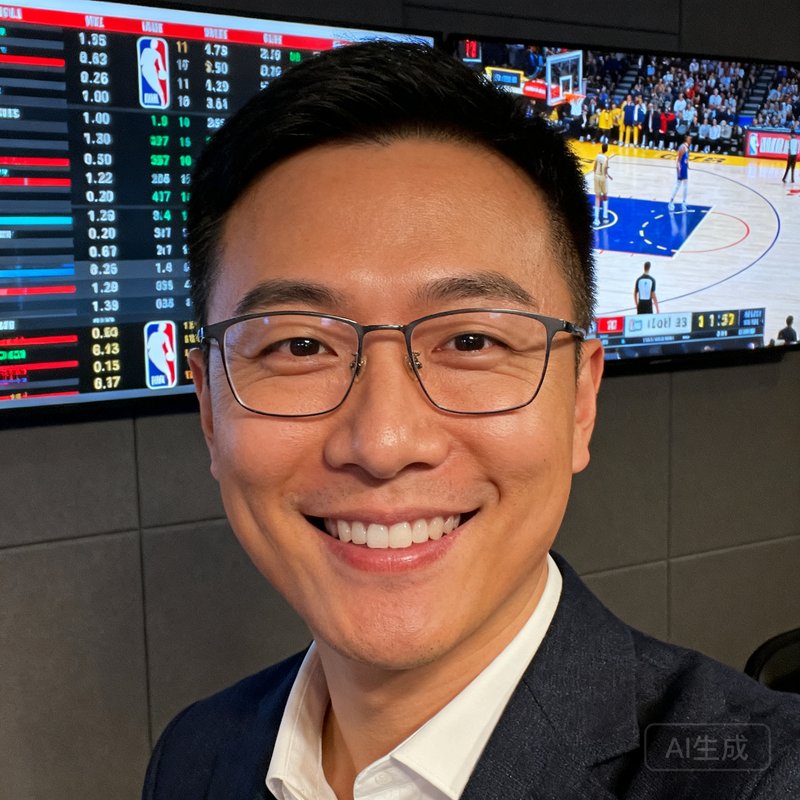 篮球数据专家王思涵半身照，她戴着眼镜面带微笑，身后是正在播放NBA比赛的数据监控屏幕墙